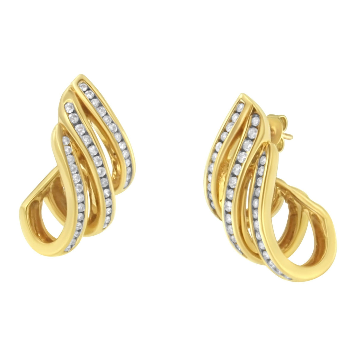 10K Yellow Gold 1.0 Cttw Round Brilliant Cut Diamond Spiral Multi Row Channel Set Open Hoop Pushback Stud Earrings (H-I Color, I1-I2 Clarity) - LinkagejewelrydesignLinkagejewelrydesign