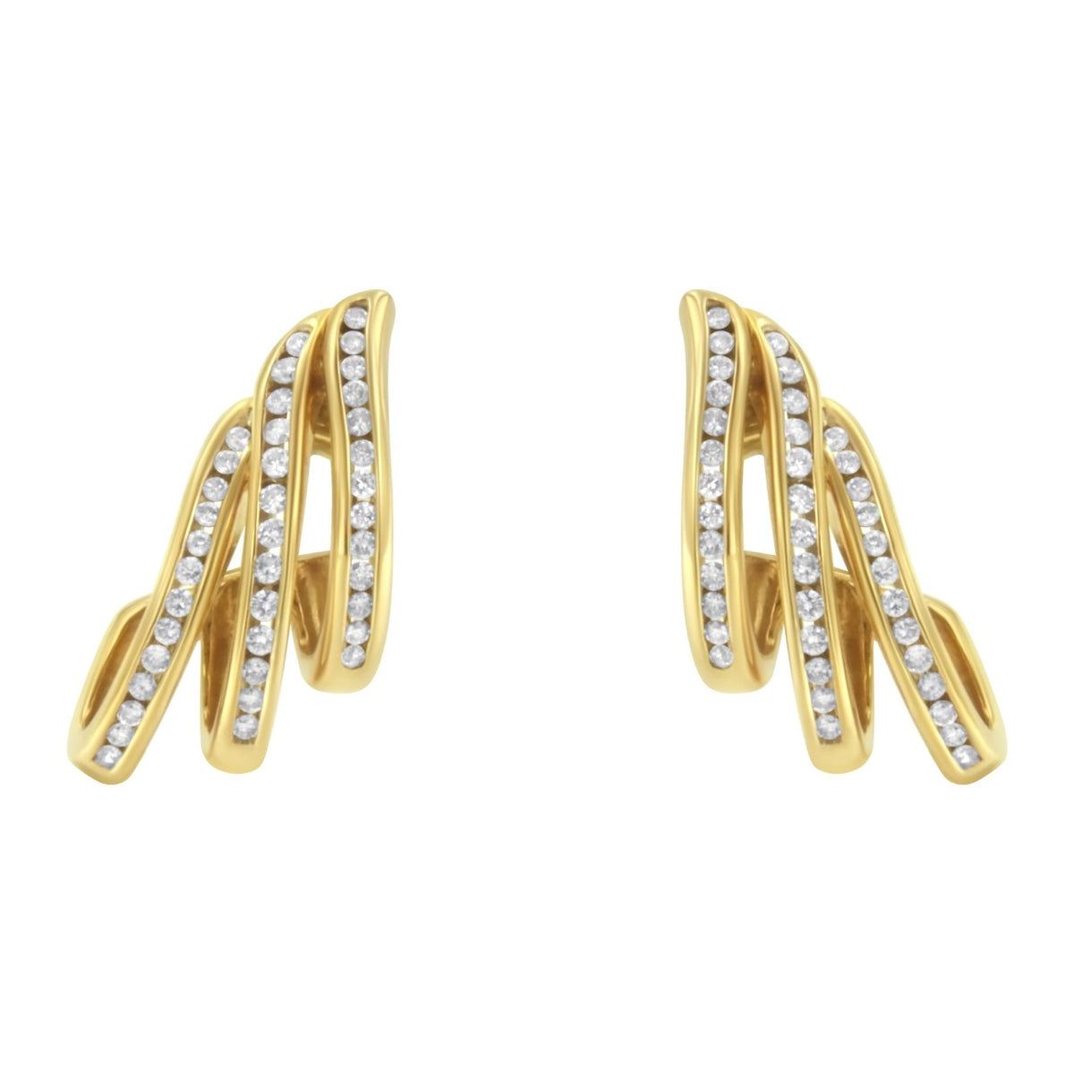 10K Yellow Gold 1.0 Cttw Round Brilliant Cut Diamond Spiral Multi Row Channel Set Open Hoop Pushback Stud Earrings (H-I Color, I1-I2 Clarity) - LinkagejewelrydesignLinkagejewelrydesign