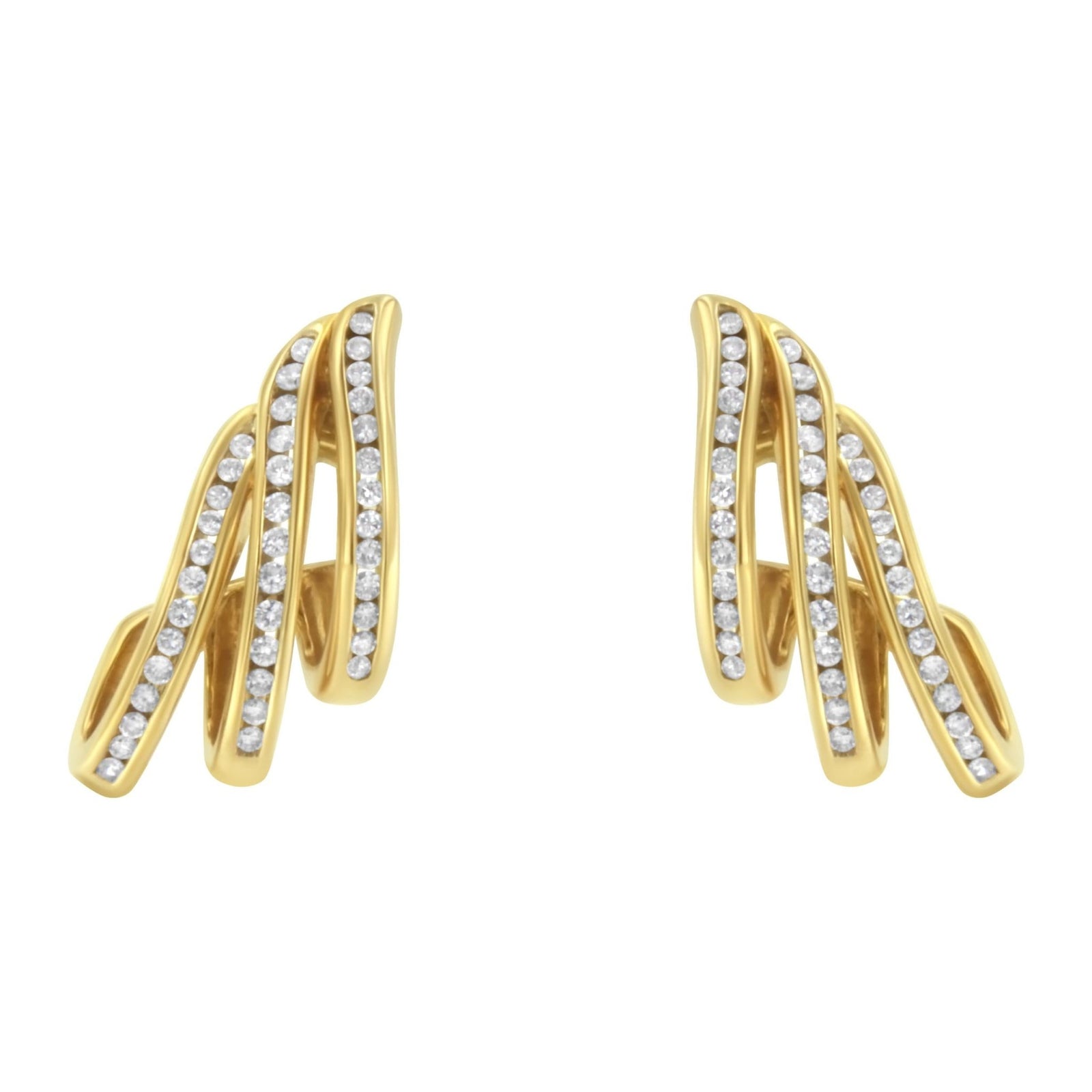 10K Yellow Gold 1.0 Cttw Round Brilliant Cut Diamond Spiral Multi Row Channel Set Open Hoop Pushback Stud Earrings (H-I Color, I1-I2 Clarity) - LinkagejewelrydesignLinkagejewelrydesign