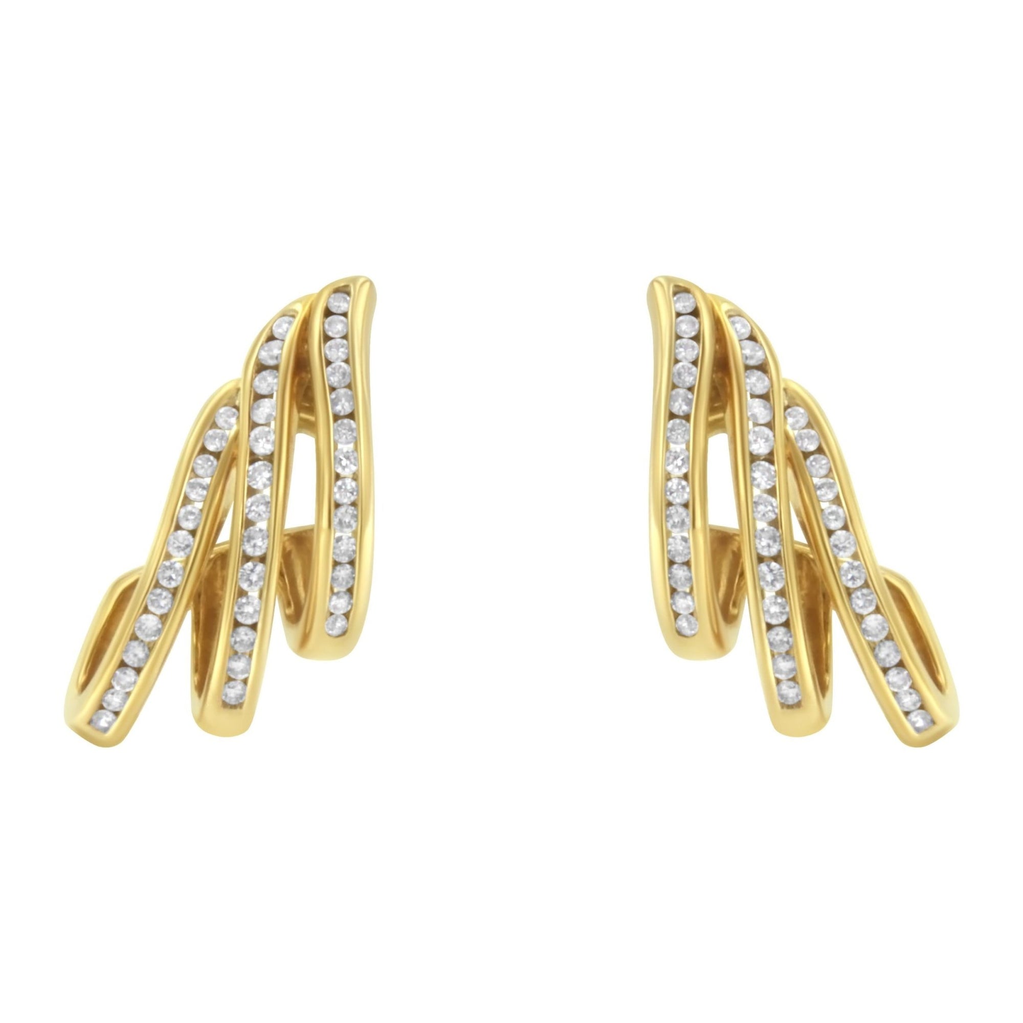 10K Yellow Gold 1.0 Cttw Round Brilliant Cut Diamond Spiral Multi Row Channel Set Open Hoop Pushback Stud Earrings (H-I Color, I1-I2 Clarity) - LinkagejewelrydesignLinkagejewelrydesign
