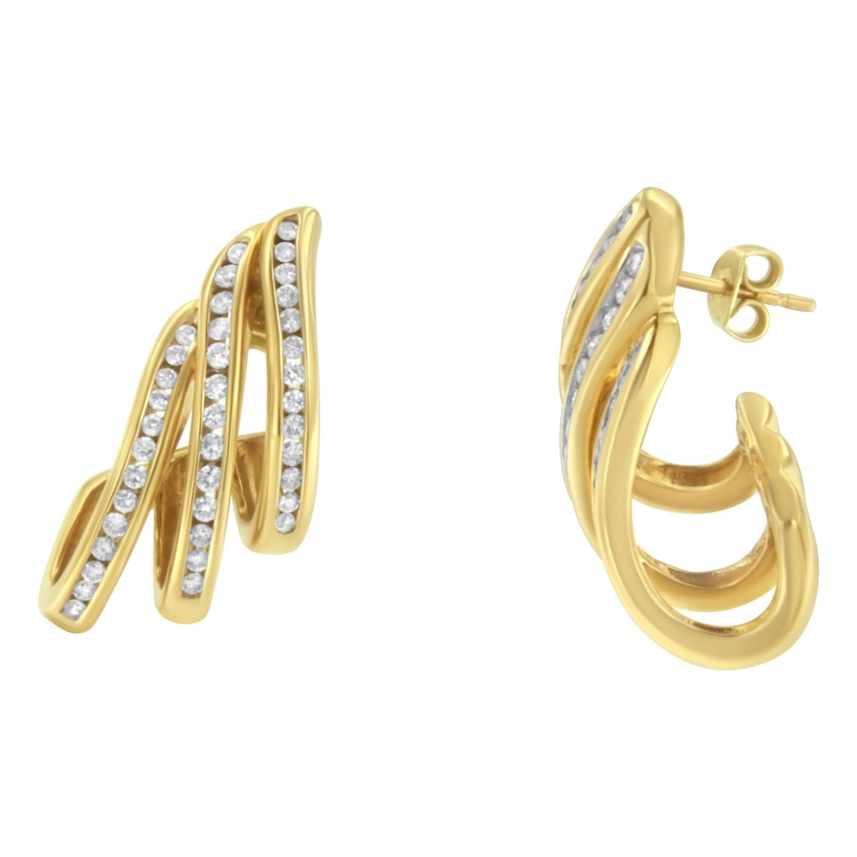 10K Yellow Gold 1.0 Cttw Round Brilliant Cut Diamond Spiral Multi Row Channel Set Open Hoop Pushback Stud Earrings (H-I Color, I1-I2 Clarity) - LinkagejewelrydesignLinkagejewelrydesign