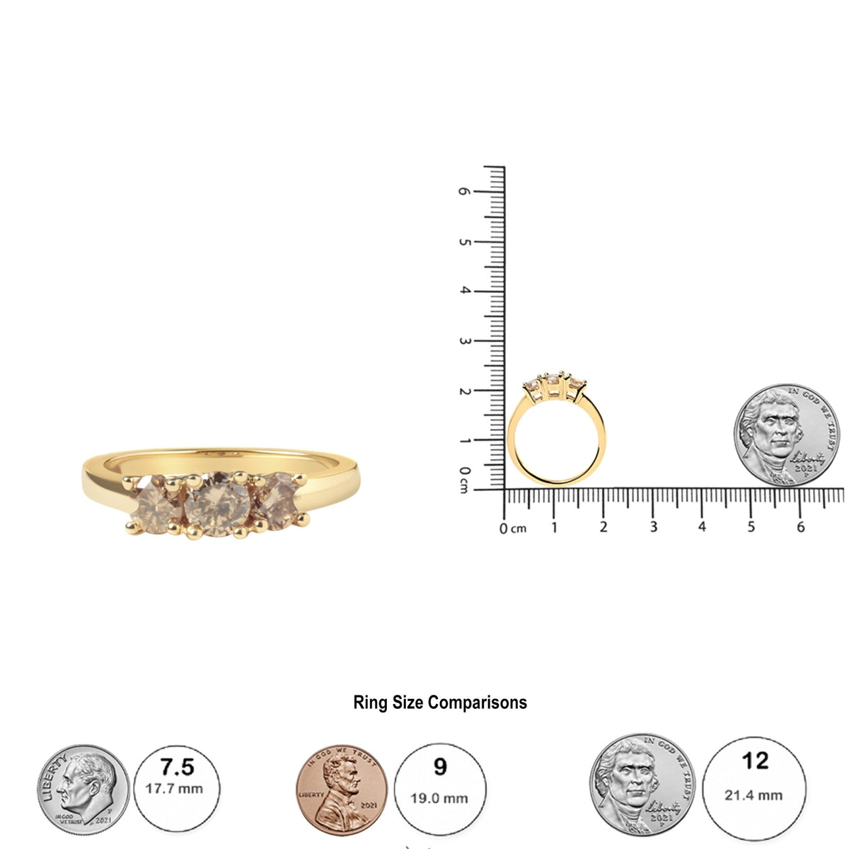 10K Yellow Gold 1.00 Cttw Champagne Diamond 3-Stone Band Ring (J-K Color, I1-I2 Clarity) - Size 7 - LinkagejewelrydesignLinkagejewelrydesign