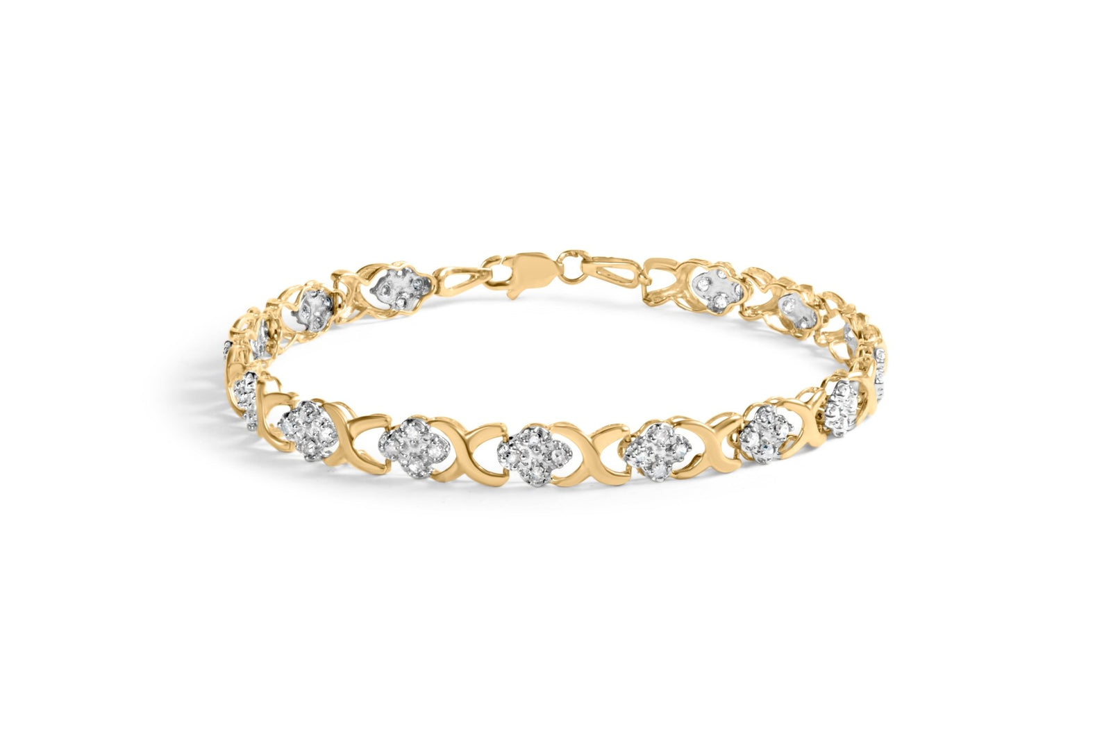 10K Yellow Gold 1.00 Cttw Diamond 5 Stone Floral Cluster and "X" Link 7" Bracelet (I-J Color, I3 Clarity) - LinkagejewelrydesignLinkagejewelrydesign