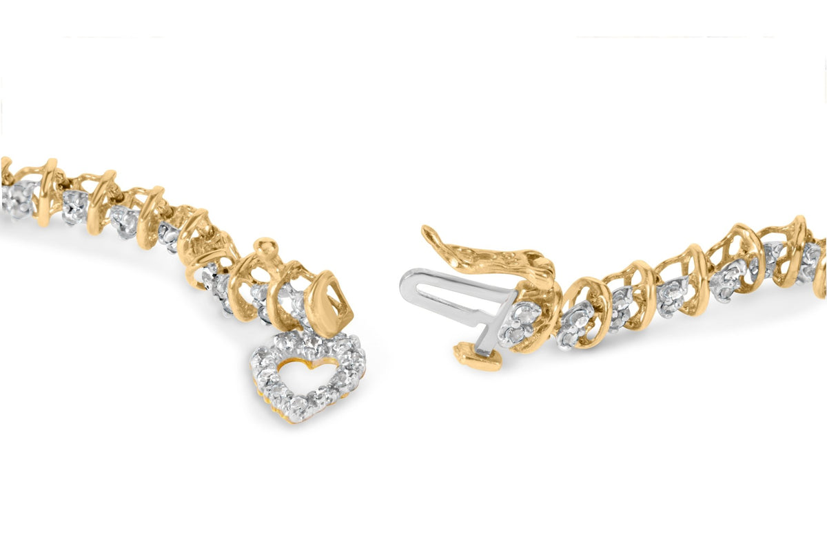 10K Yellow Gold 1.00 Cttw Diamond Spiral Link 7&quot; Bracelet with Heart Charm (H-I Color, I3 Clarity) - LinkagejewelrydesignLinkagejewelrydesign