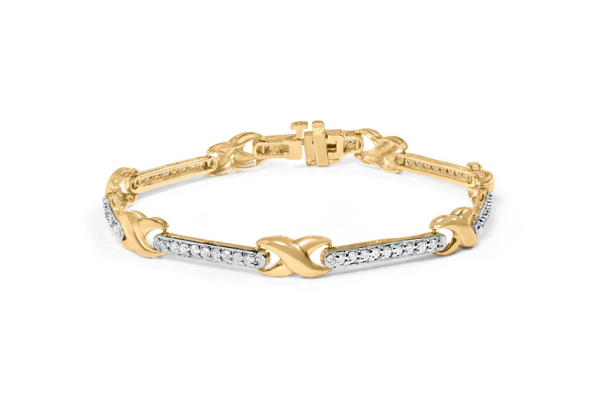 10K Yellow Gold 1.00 Cttw Pave Set Diamond Bar and X-Link 7&quot; Bracelet (I-J Color, I3 Quality) - LinkagejewelrydesignLinkagejewelrydesign
