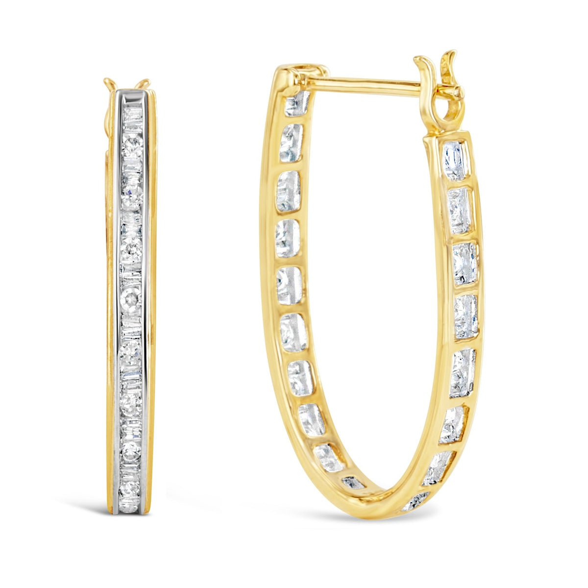 10K Yellow Gold 1.00 Cttw Round and Baguette-Cut Diamond U-Hoop Earrings (H-I Color, SI2-I1 Clarity) - LinkagejewelrydesignLinkagejewelrydesign