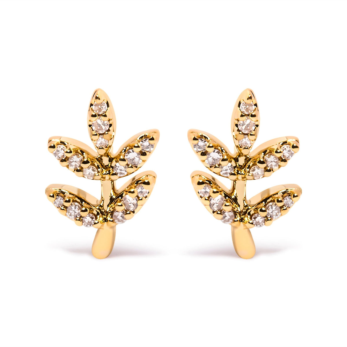 10K Yellow Gold 1/10 Cttw Diamond Accented Leaf and Branch Stud Earrings (H-I Color, I1-I2 Clarity) - LinkagejewelrydesignLinkagejewelrydesign