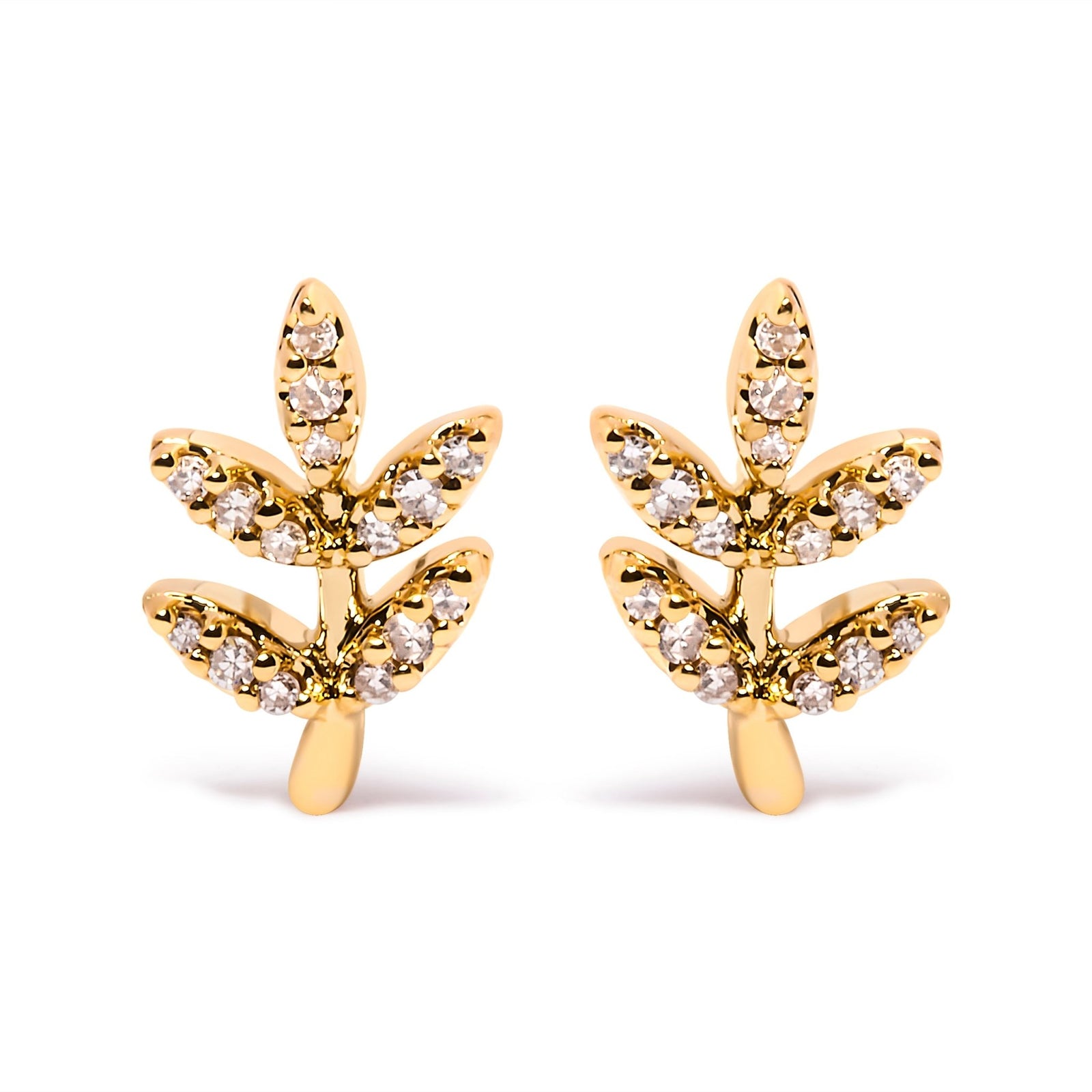 10K Yellow Gold 1/10 Cttw Diamond Accented Leaf and Branch Stud Earrings (H-I Color, I1-I2 Clarity) - LinkagejewelrydesignLinkagejewelrydesign