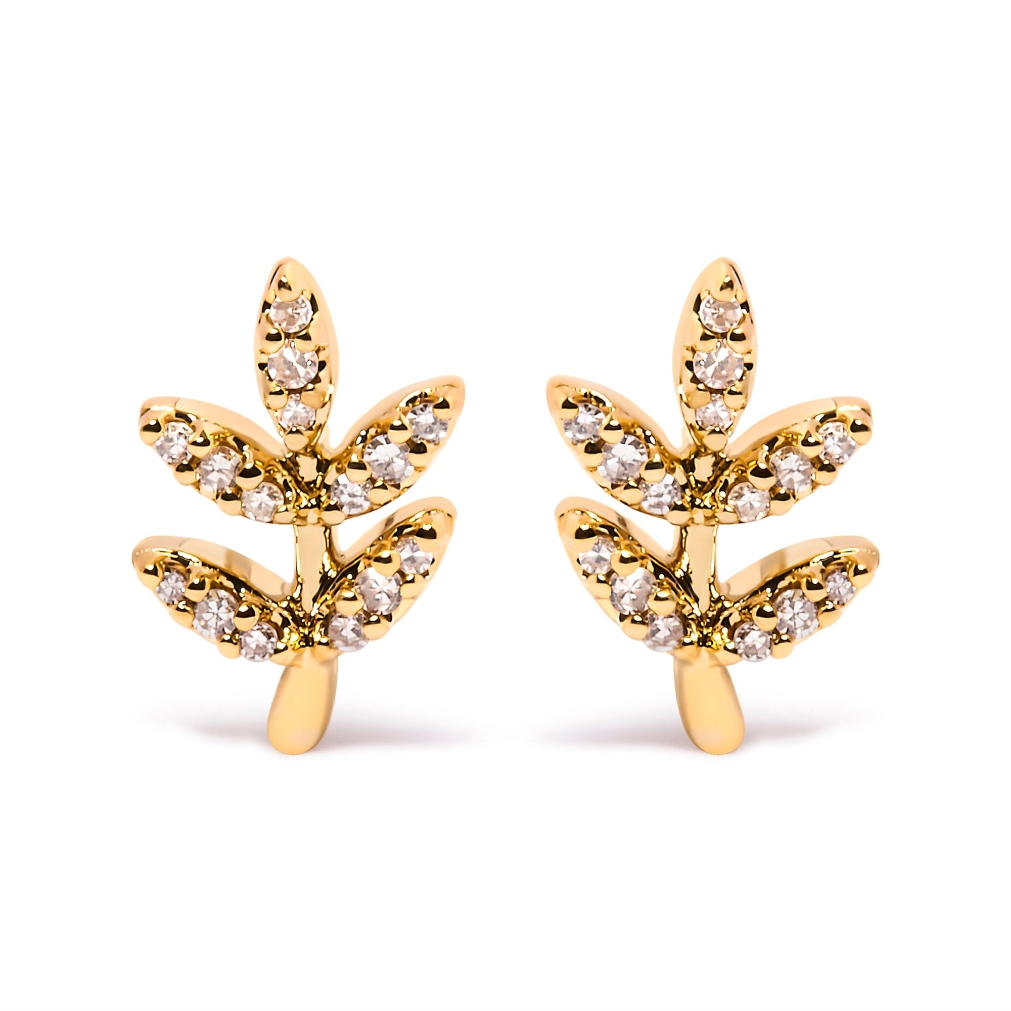 10K Yellow Gold 1/10 Cttw Diamond Accented Leaf and Branch Stud Earrings (H-I Color, I1-I2 Clarity) - LinkagejewelrydesignLinkagejewelrydesign