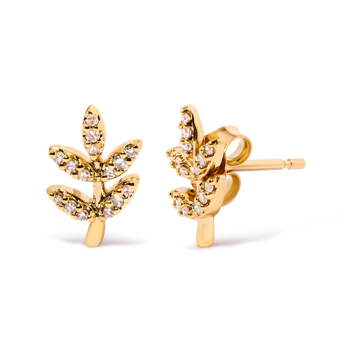 10K Yellow Gold 1/10 Cttw Diamond Accented Leaf and Branch Stud Earrings (H-I Color, I1-I2 Clarity) - LinkagejewelrydesignLinkagejewelrydesign