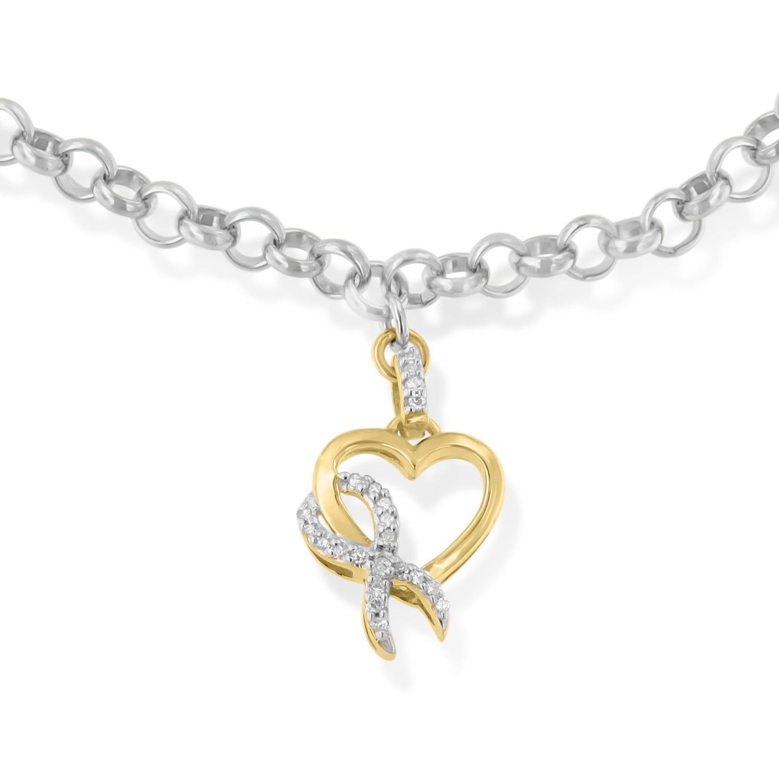10K Yellow Gold 1/10 Cttw Diamond Awareness Ribbon & Heart Charm on 7" .925 Sterling Silver Rolo Bracelet (H-I Color, I1-I2 Clarity) - LinkagejewelrydesignLinkagejewelrydesign