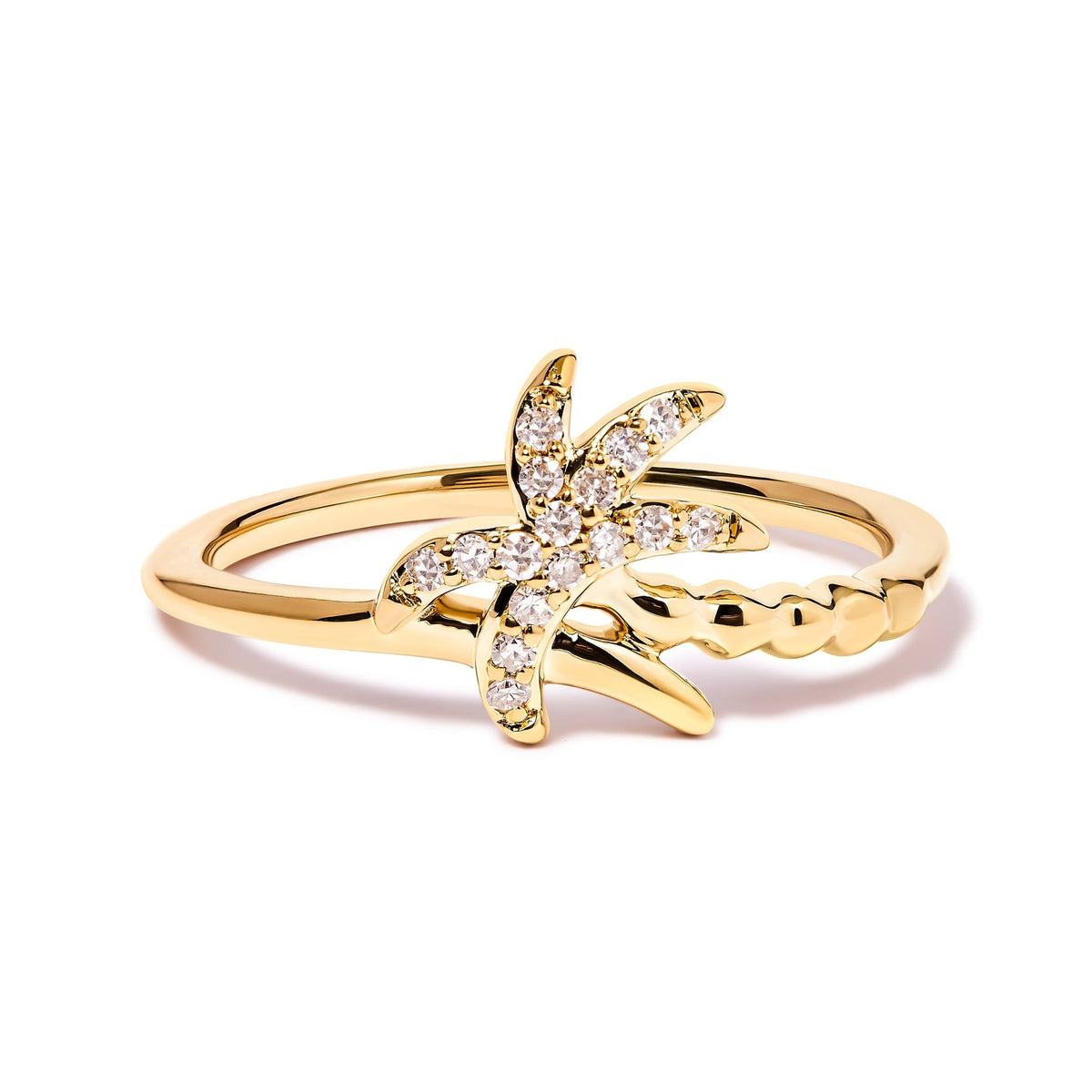 10K Yellow Gold 1/10 Cttw Diamond Palm Tree Statement Ring (H-I Color, I1-I2 Clarity) - Ring Size 7 - LinkagejewelrydesignLinkagejewelrydesign