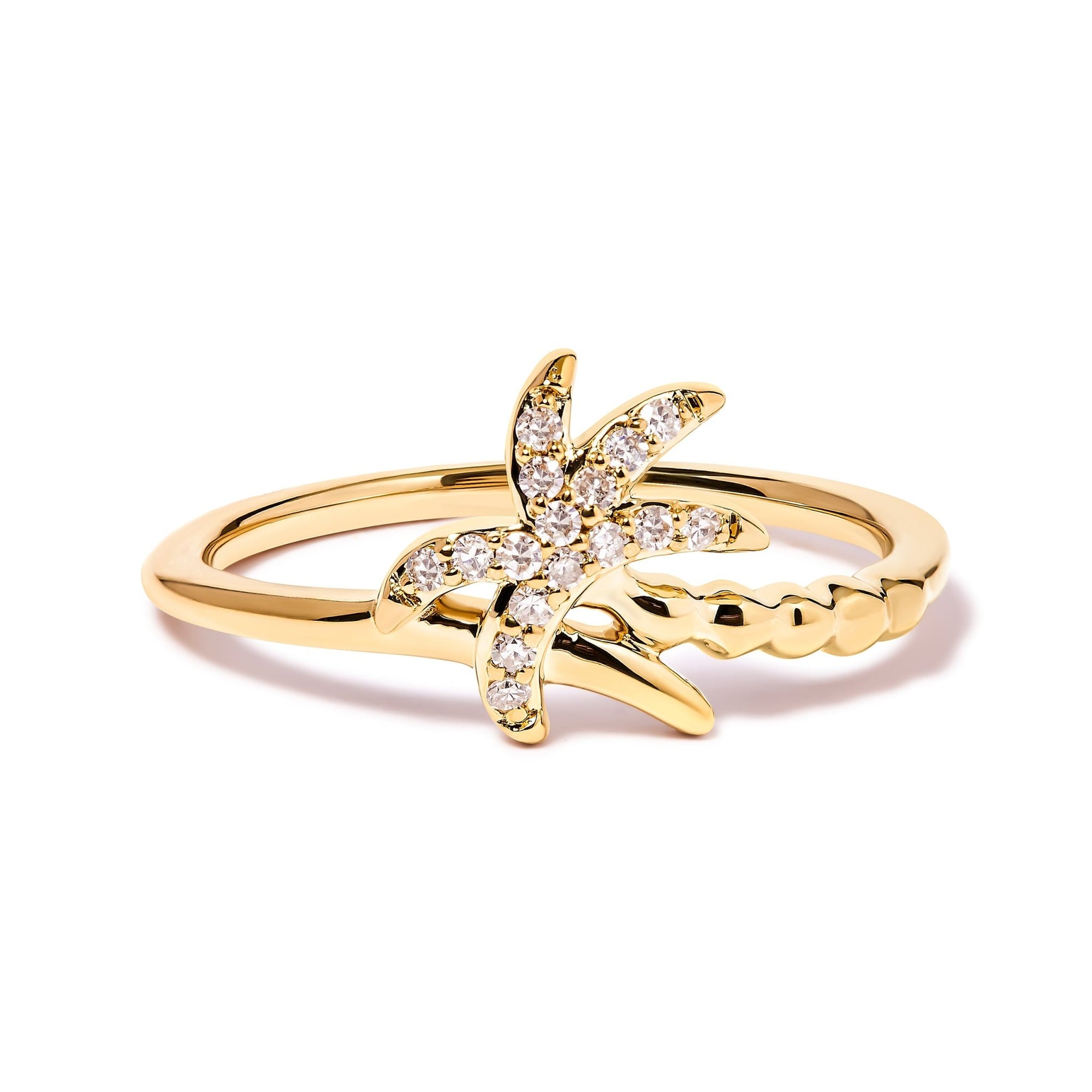 10K Yellow Gold 1/10 Cttw Diamond Palm Tree Statement Ring (H-I Color, I1-I2 Clarity) - Ring Size 7 - LinkagejewelrydesignLinkagejewelrydesign
