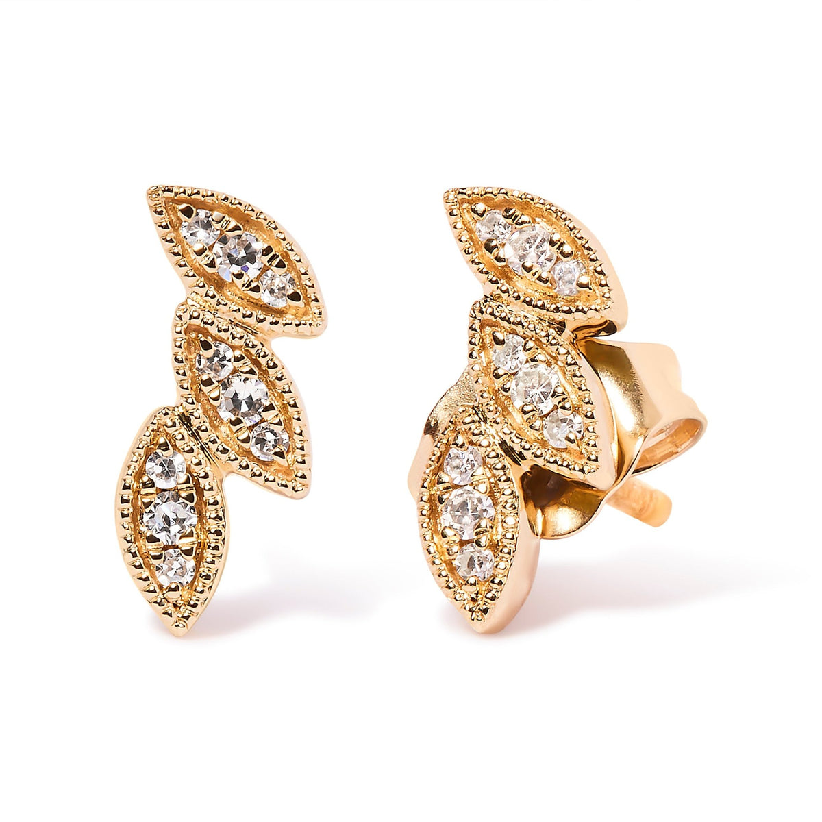 10K Yellow Gold 1/10 Cttw Diamond Triple Leaf Stud Earring (H-I Color, I1-I2 Clarity) - LinkagejewelrydesignLinkagejewelrydesign