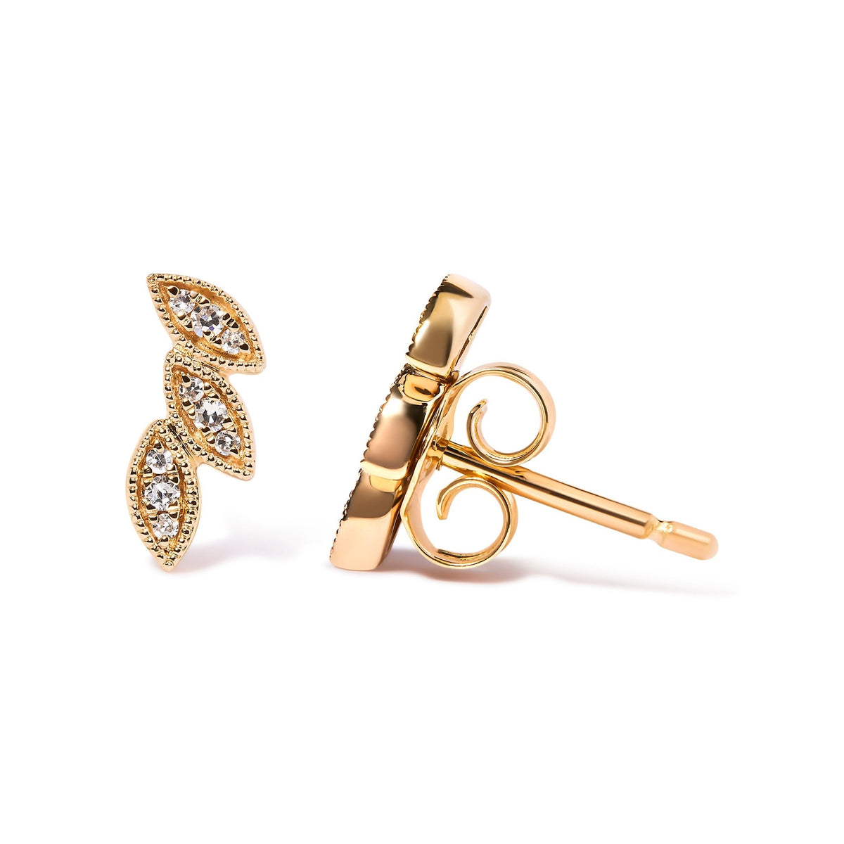 10K Yellow Gold 1/10 Cttw Diamond Triple Leaf Stud Earring (H-I Color, I1-I2 Clarity) - LinkagejewelrydesignLinkagejewelrydesign