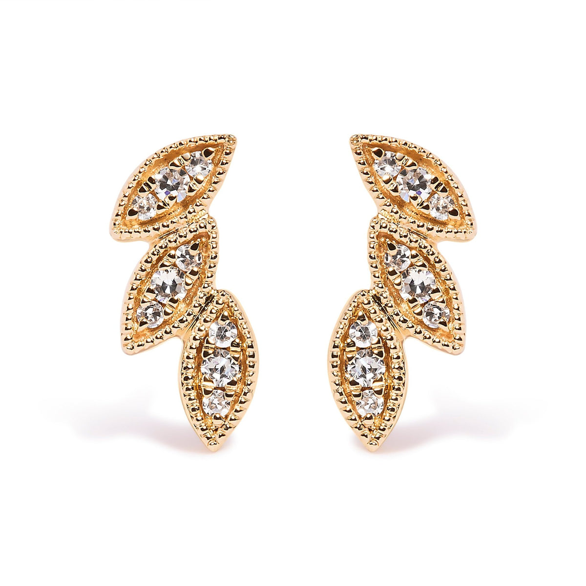 10K Yellow Gold 1/10 Cttw Diamond Triple Leaf Stud Earring (H-I Color, I1-I2 Clarity) - LinkagejewelrydesignLinkagejewelrydesign