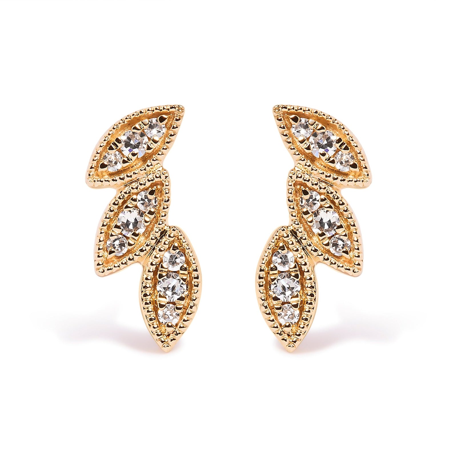 10K Yellow Gold 1/10 Cttw Diamond Triple Leaf Stud Earring (H-I Color, I1-I2 Clarity) - LinkagejewelrydesignLinkagejewelrydesign