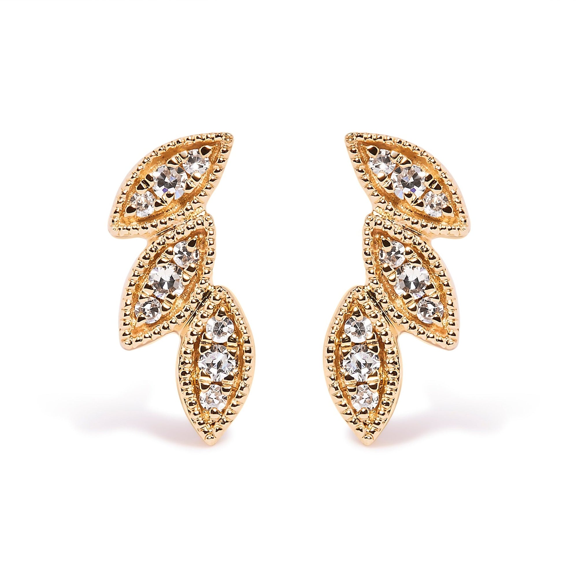 10K Yellow Gold 1/10 Cttw Diamond Triple Leaf Stud Earring (H-I Color, I1-I2 Clarity) - LinkagejewelrydesignLinkagejewelrydesign