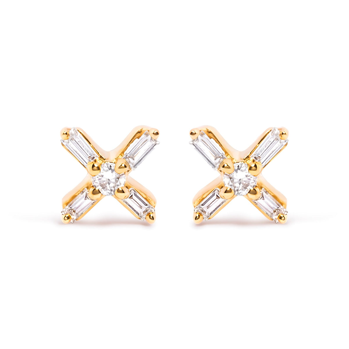 10K Yellow Gold 1/10 Cttw Round and Baguette Diamond Criss Cross X Stud Earring (H-I Color, I1-I2 Clarity) - LinkagejewelrydesignLinkagejewelrydesign