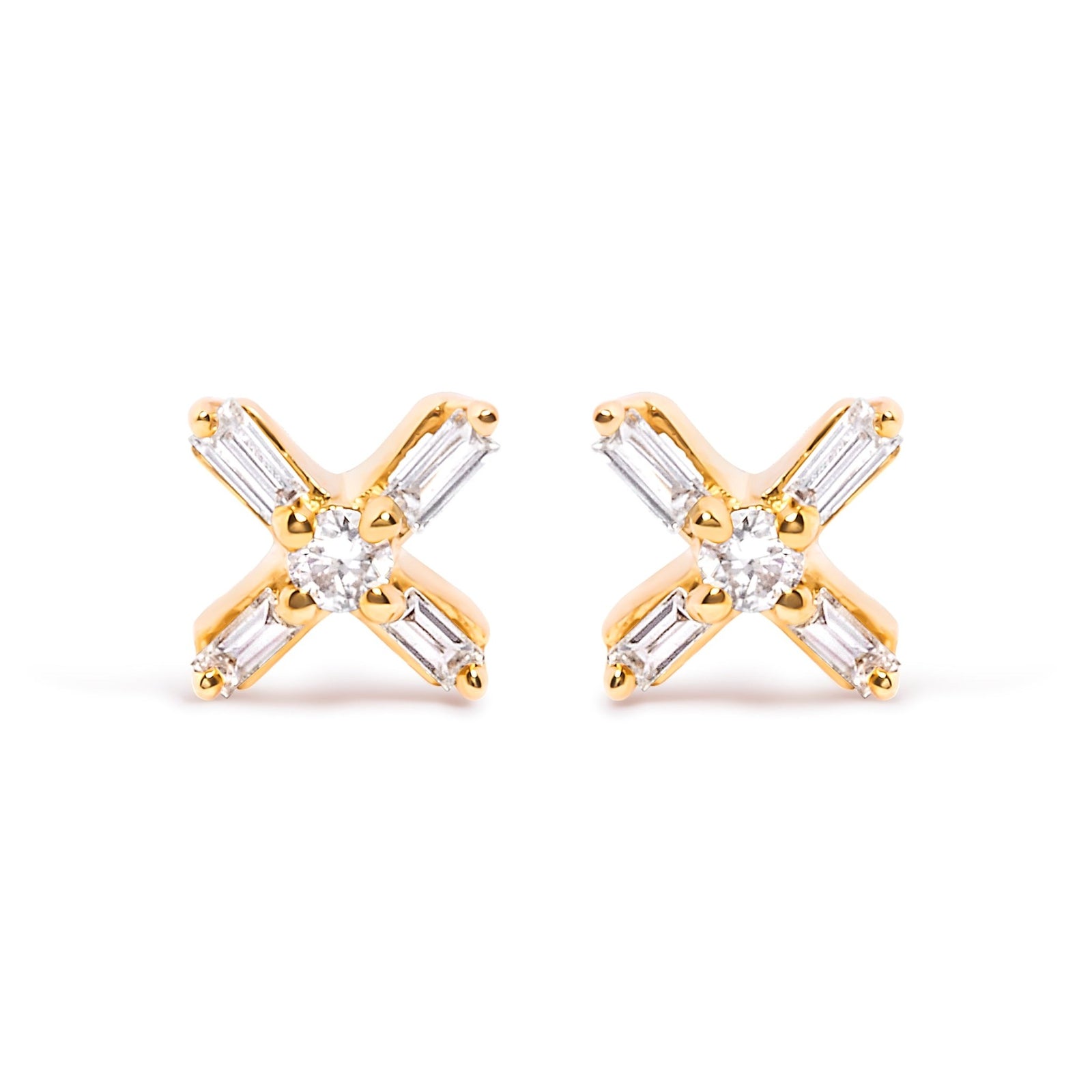 10K Yellow Gold 1/10 Cttw Round and Baguette Diamond Criss Cross X Stud Earring (H-I Color, I1-I2 Clarity) - LinkagejewelrydesignLinkagejewelrydesign