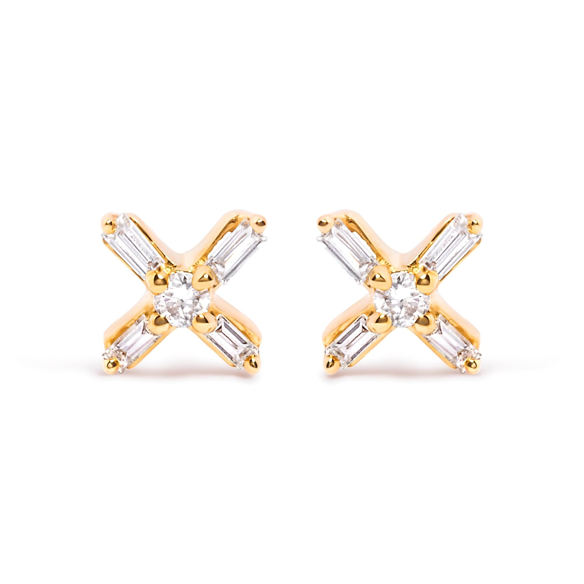 10K Yellow Gold 1/10 Cttw Round and Baguette Diamond Criss Cross X Stud Earring (H-I Color, I1-I2 Clarity) - LinkagejewelrydesignLinkagejewelrydesign