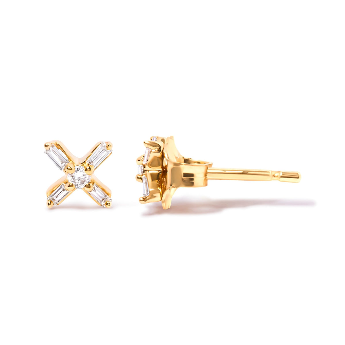 10K Yellow Gold 1/10 Cttw Round and Baguette Diamond Criss Cross X Stud Earring (H-I Color, I1-I2 Clarity) - LinkagejewelrydesignLinkagejewelrydesign