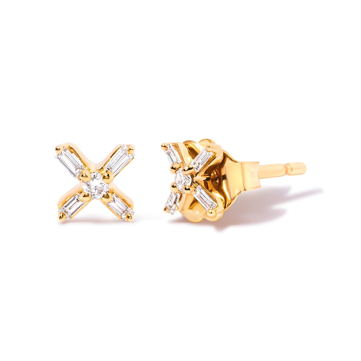 10K Yellow Gold 1/10 Cttw Round and Baguette Diamond Criss Cross X Stud Earring (H-I Color, I1-I2 Clarity) - LinkagejewelrydesignLinkagejewelrydesign