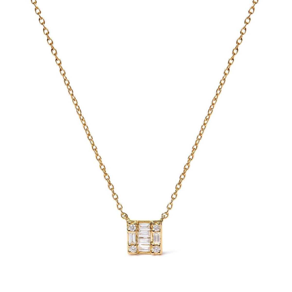 10K Yellow Gold 1/10 Cttw Round and Baguette Diamond Mosaic Composite Square 18&quot; Inch Pendant Necklace (H-I Color, I1-I2 Clarity) - LinkagejewelrydesignLinkagejewelrydesign