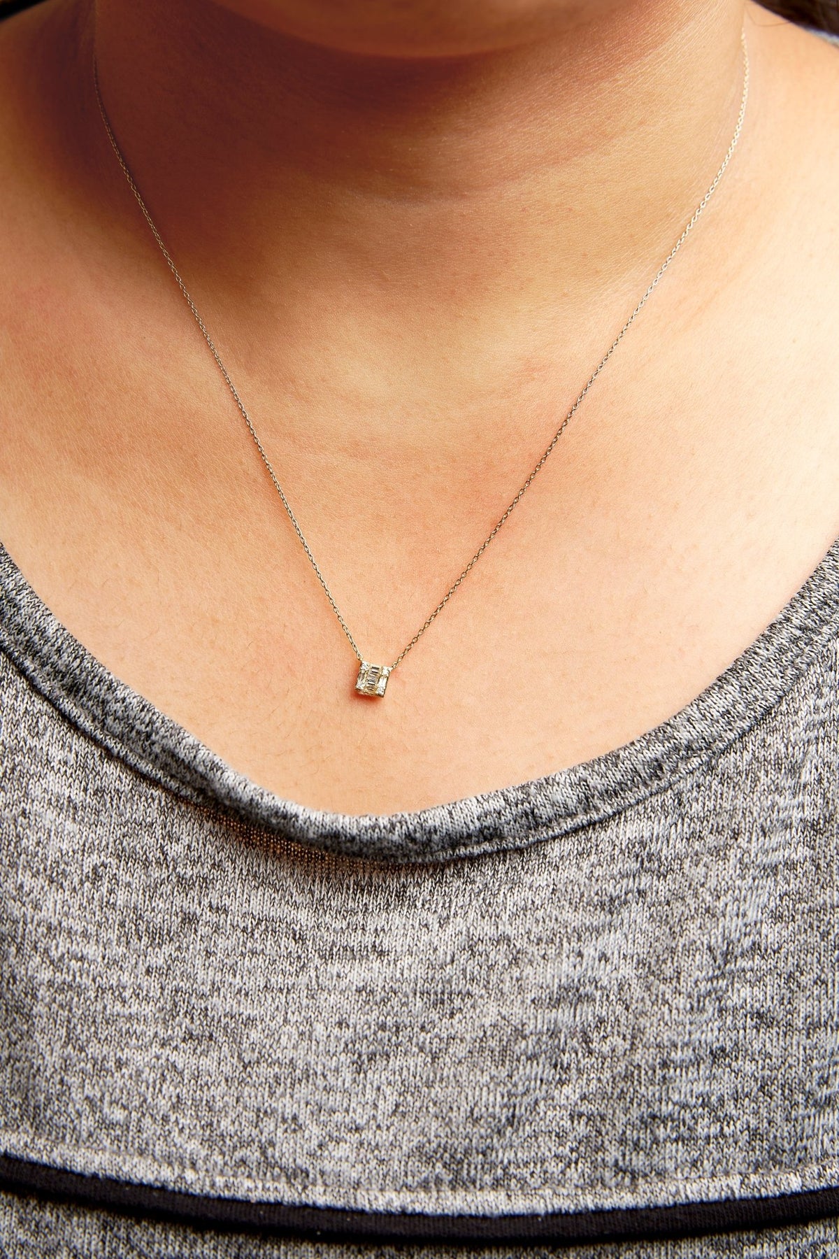 10K Yellow Gold 1/10 Cttw Round and Baguette Diamond Mosaic Composite Square 18&quot; Inch Pendant Necklace (H-I Color, I1-I2 Clarity) - LinkagejewelrydesignLinkagejewelrydesign