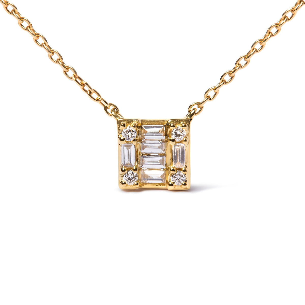 10K Yellow Gold 1/10 Cttw Round and Baguette Diamond Mosaic Composite Square 18&quot; Inch Pendant Necklace (H-I Color, I1-I2 Clarity) - LinkagejewelrydesignLinkagejewelrydesign
