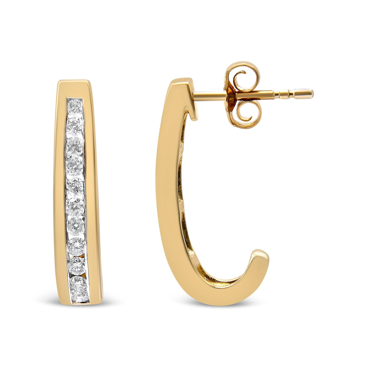 10K Yellow Gold 1/2 Cttw Channel Set Lab Grown Round Diamond J-Hoop Earrings (G-H Color, I1-I2 Clarity) - LinkagejewelrydesignLinkagejewelrydesign