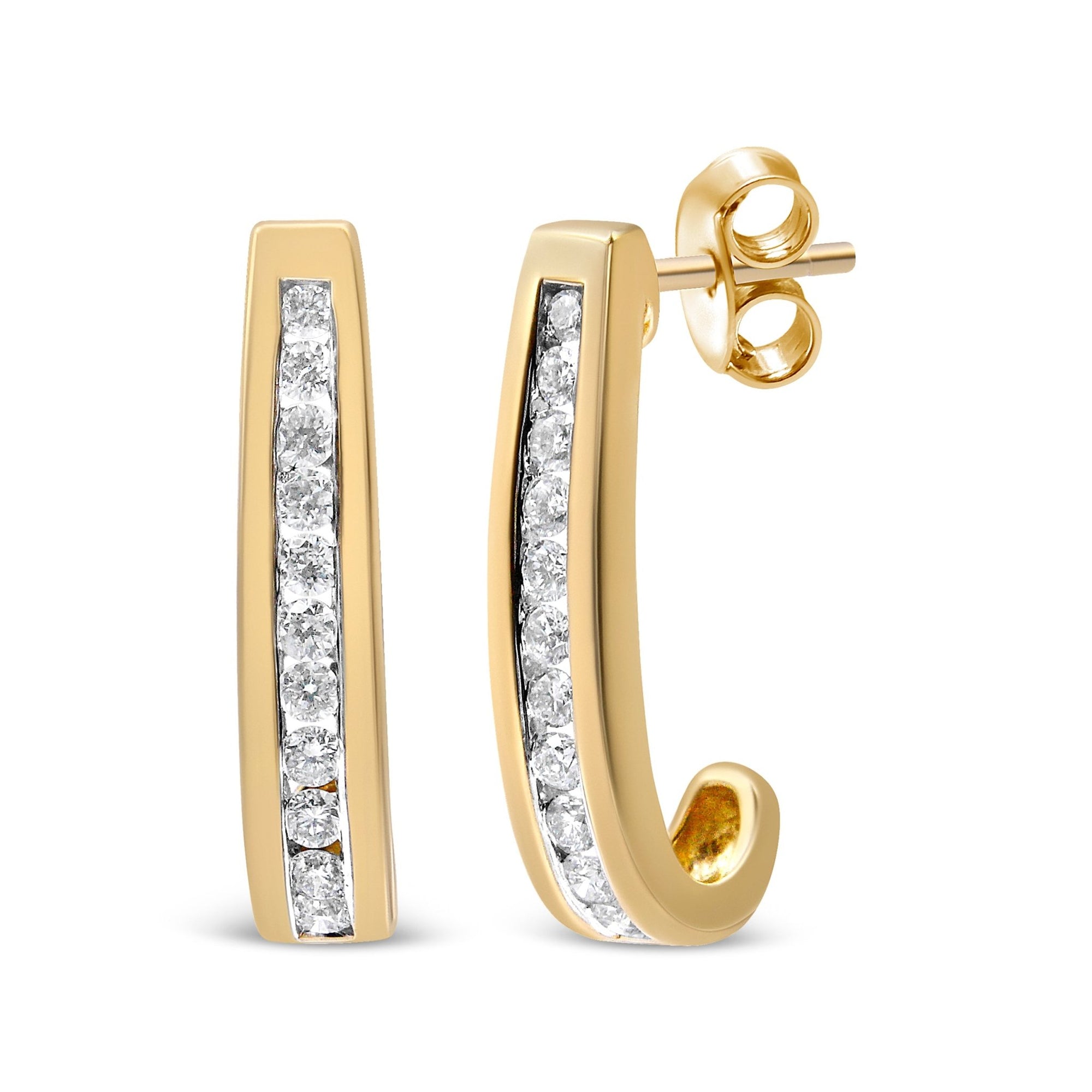 10K Yellow Gold 1/2 Cttw Channel Set Lab Grown Round Diamond J-Hoop Earrings (G-H Color, I1-I2 Clarity) - LinkagejewelrydesignLinkagejewelrydesign