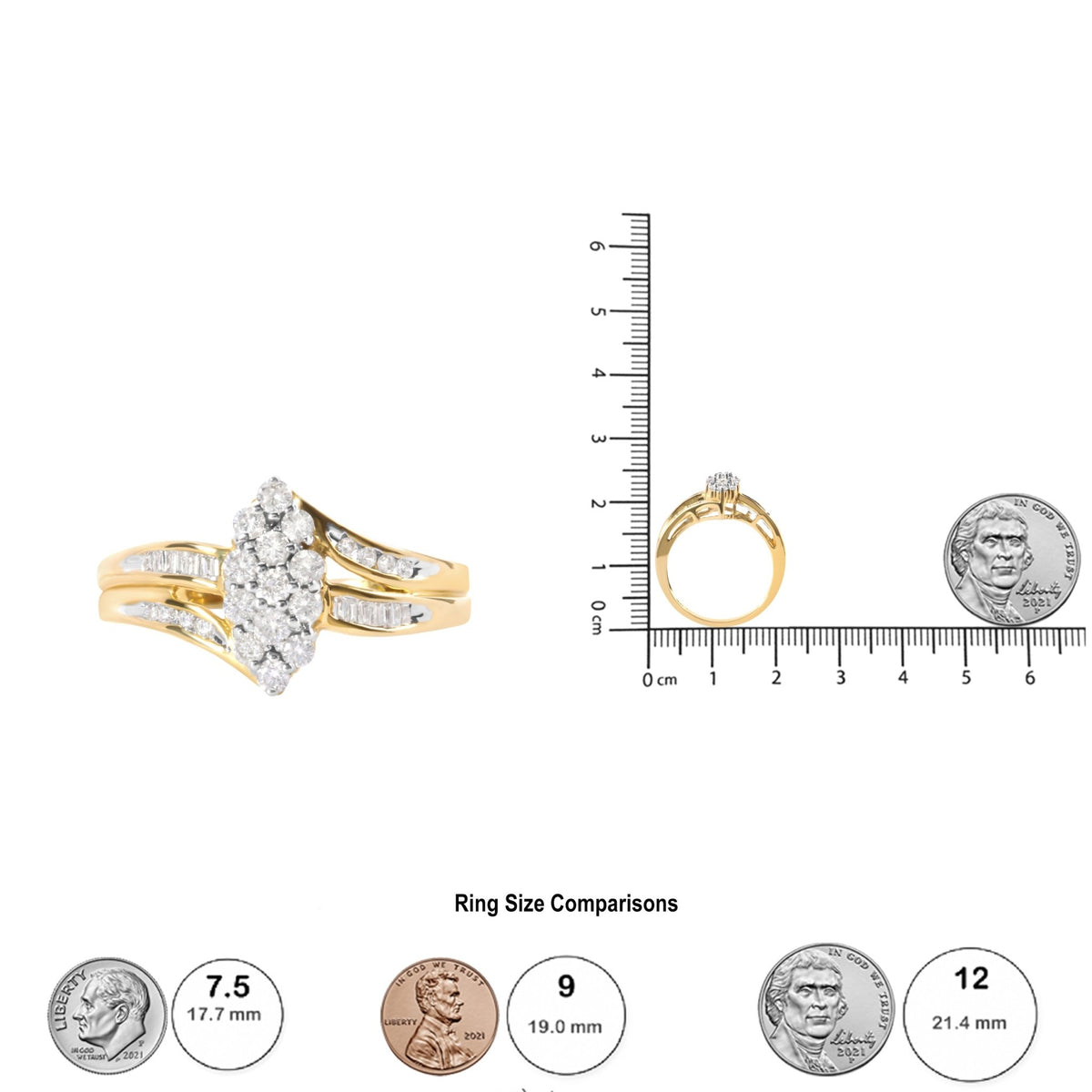 10K Yellow Gold 1/2 Cttw Pear Cluster and Channel Set Diamond Ring (H-I Color, I1-I2 Clarity) - Ring Size 7 - LinkagejewelrydesignLinkagejewelrydesign