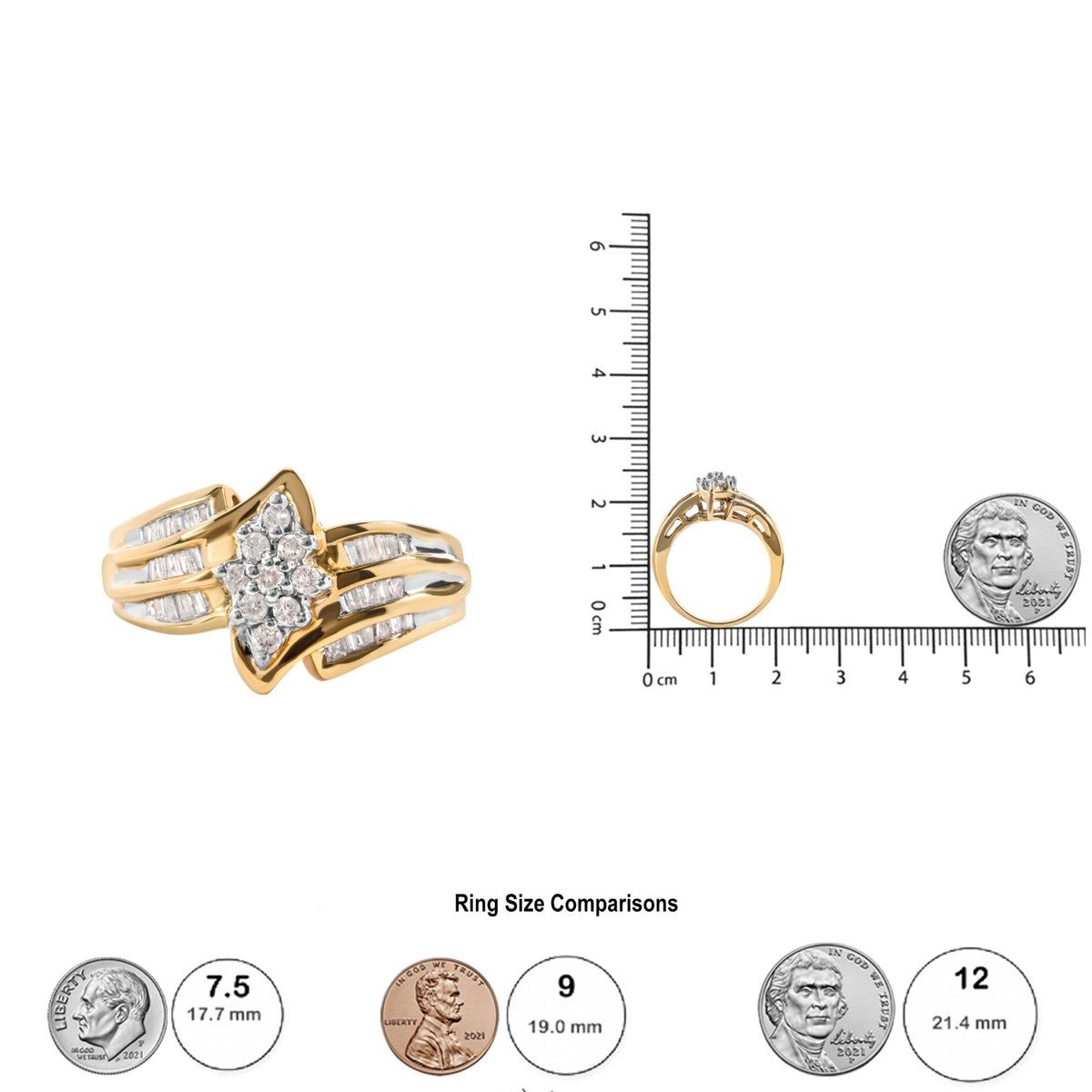 10K Yellow Gold 1/2 Cttw Round And Baguette-cut Diamond Cluster Head and Channel Set Shank Ring (H-I Color, I1-I2 Clarity) - Ring Size 7 - LinkagejewelrydesignLinkagejewelrydesign