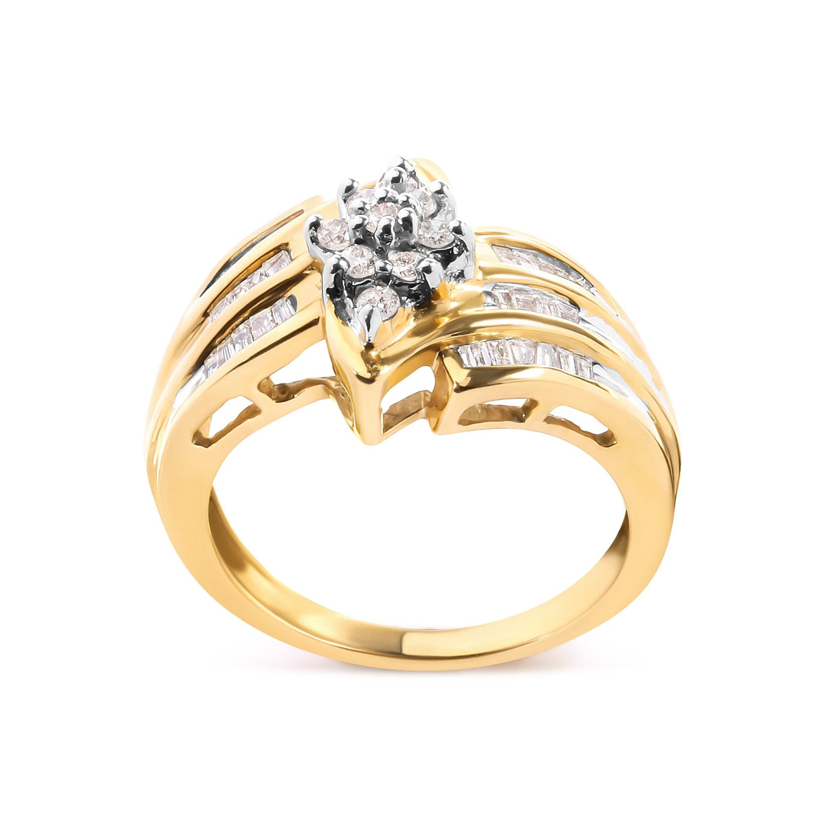 10K Yellow Gold 1/2 Cttw Round And Baguette-cut Diamond Cluster Head and Channel Set Shank Ring (H-I Color, I1-I2 Clarity) - Ring Size 7 - LinkagejewelrydesignLinkagejewelrydesign