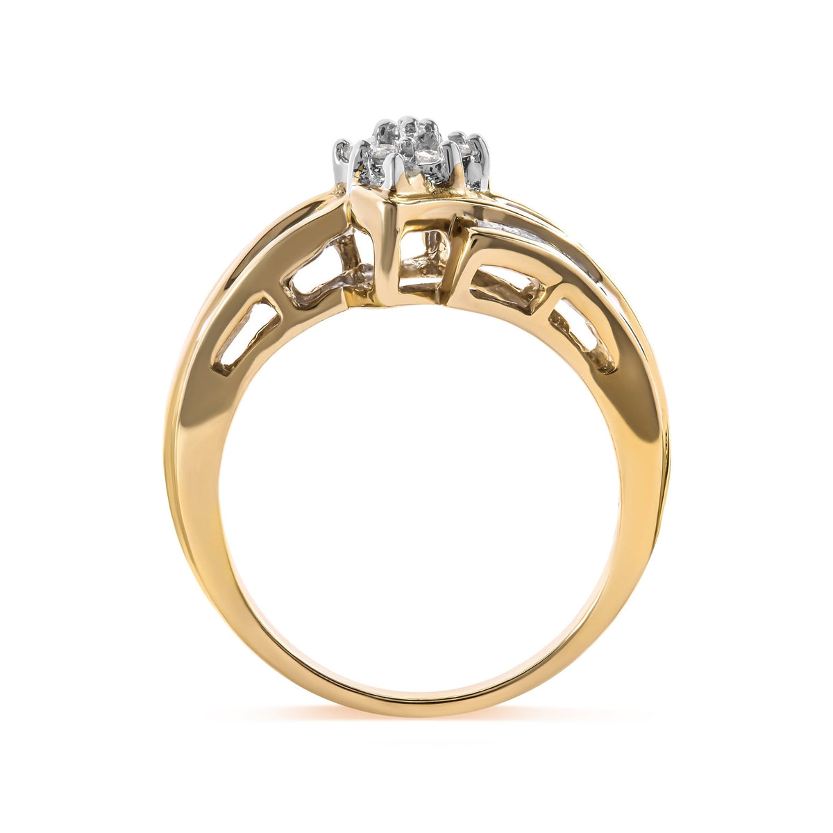 10K Yellow Gold 1/2 Cttw Round And Baguette-cut Diamond Cluster Head and Channel Set Shank Ring (H-I Color, I1-I2 Clarity) - Ring Size 7 - LinkagejewelrydesignLinkagejewelrydesign