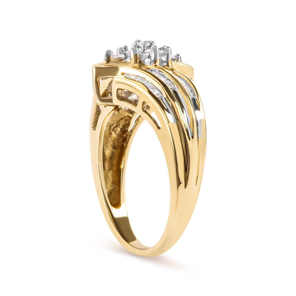 10K Yellow Gold 1/2 Cttw Round And Baguette-cut Diamond Cluster Head and Channel Set Shank Ring (H-I Color, I1-I2 Clarity) - Ring Size 7 - LinkagejewelrydesignLinkagejewelrydesign