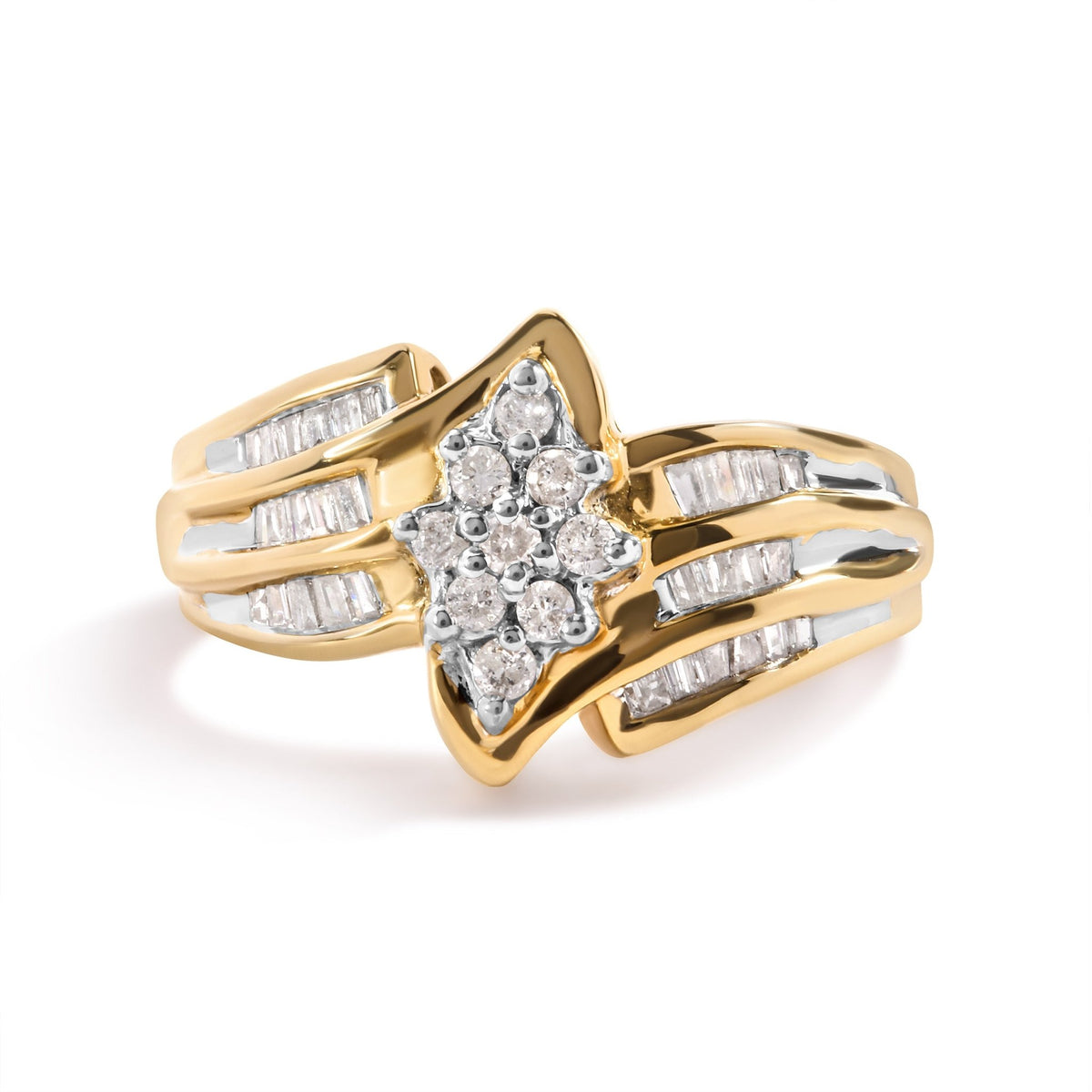 10K Yellow Gold 1/2 Cttw Round And Baguette-cut Diamond Cluster Head and Channel Set Shank Ring (H-I Color, I1-I2 Clarity) - Ring Size 7 - LinkagejewelrydesignLinkagejewelrydesign