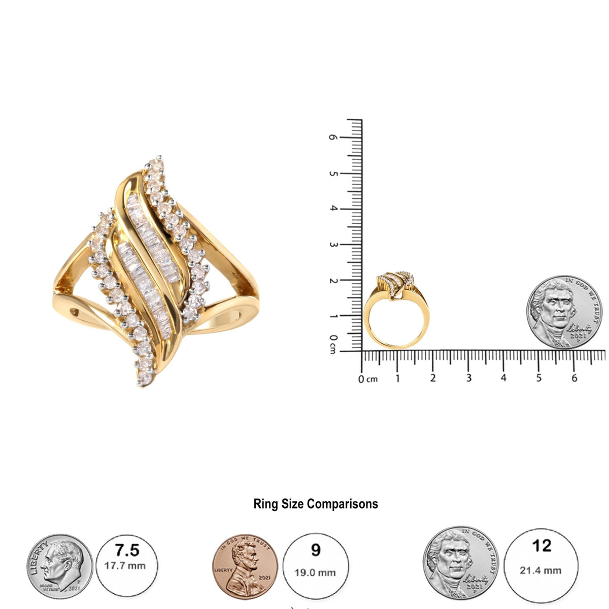 10K Yellow Gold 1/2 Cttw Round and Baguette Cut Diamond Cocktail Ring (H-I Color, I1-I2 Clarity) - LinkagejewelrydesignLinkagejewelrydesign