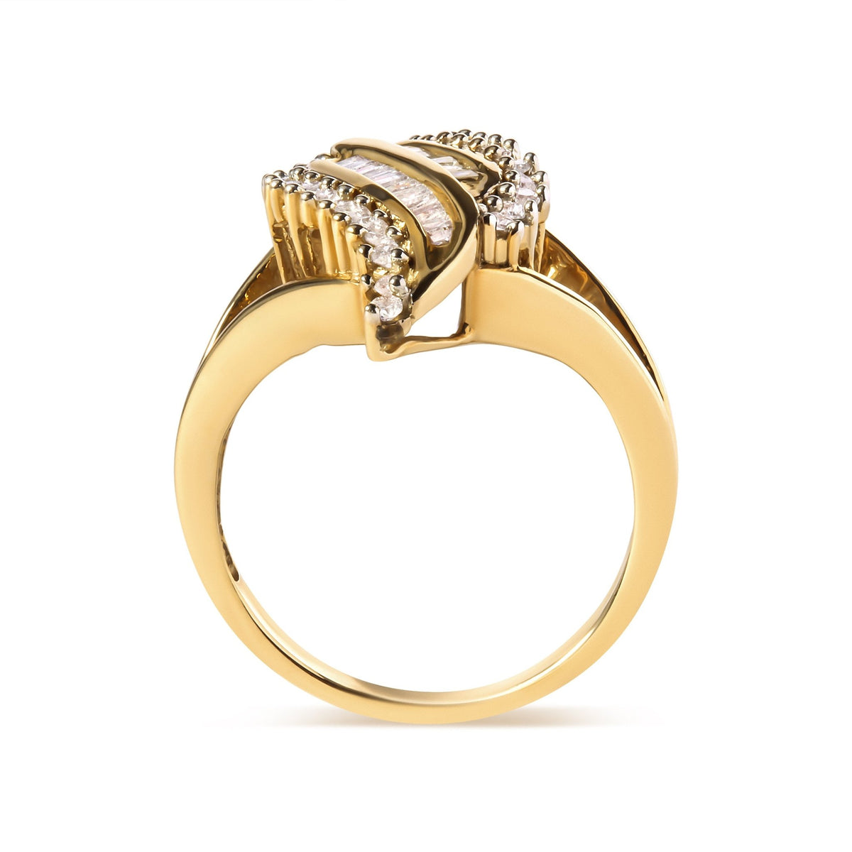 10K Yellow Gold 1/2 Cttw Round and Baguette Cut Diamond Cocktail Ring (H-I Color, I1-I2 Clarity) - LinkagejewelrydesignLinkagejewelrydesign