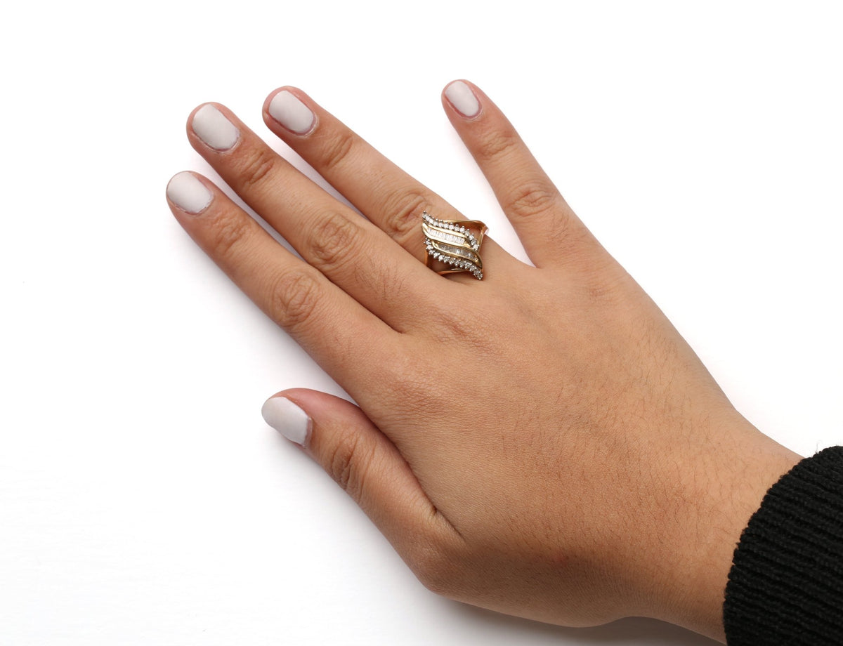 10K Yellow Gold 1/2 Cttw Round and Baguette Cut Diamond Cocktail Ring (H-I Color, I1-I2 Clarity) - LinkagejewelrydesignLinkagejewelrydesign