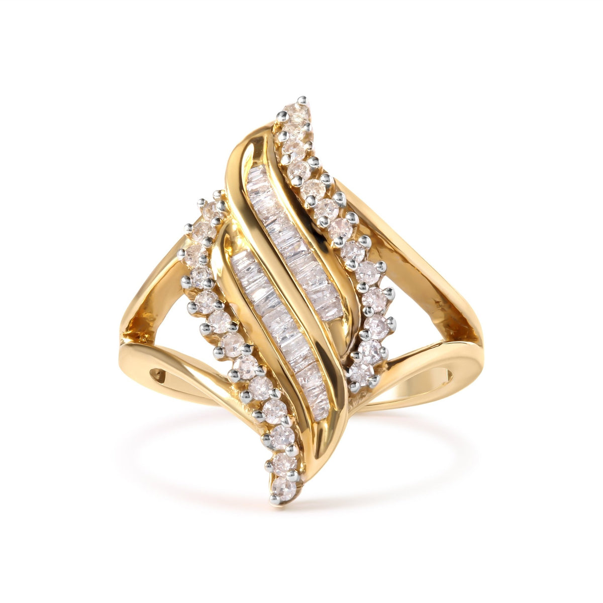 10K Yellow Gold 1/2 Cttw Round and Baguette Cut Diamond Cocktail Ring (H-I Color, I1-I2 Clarity) - LinkagejewelrydesignLinkagejewelrydesign