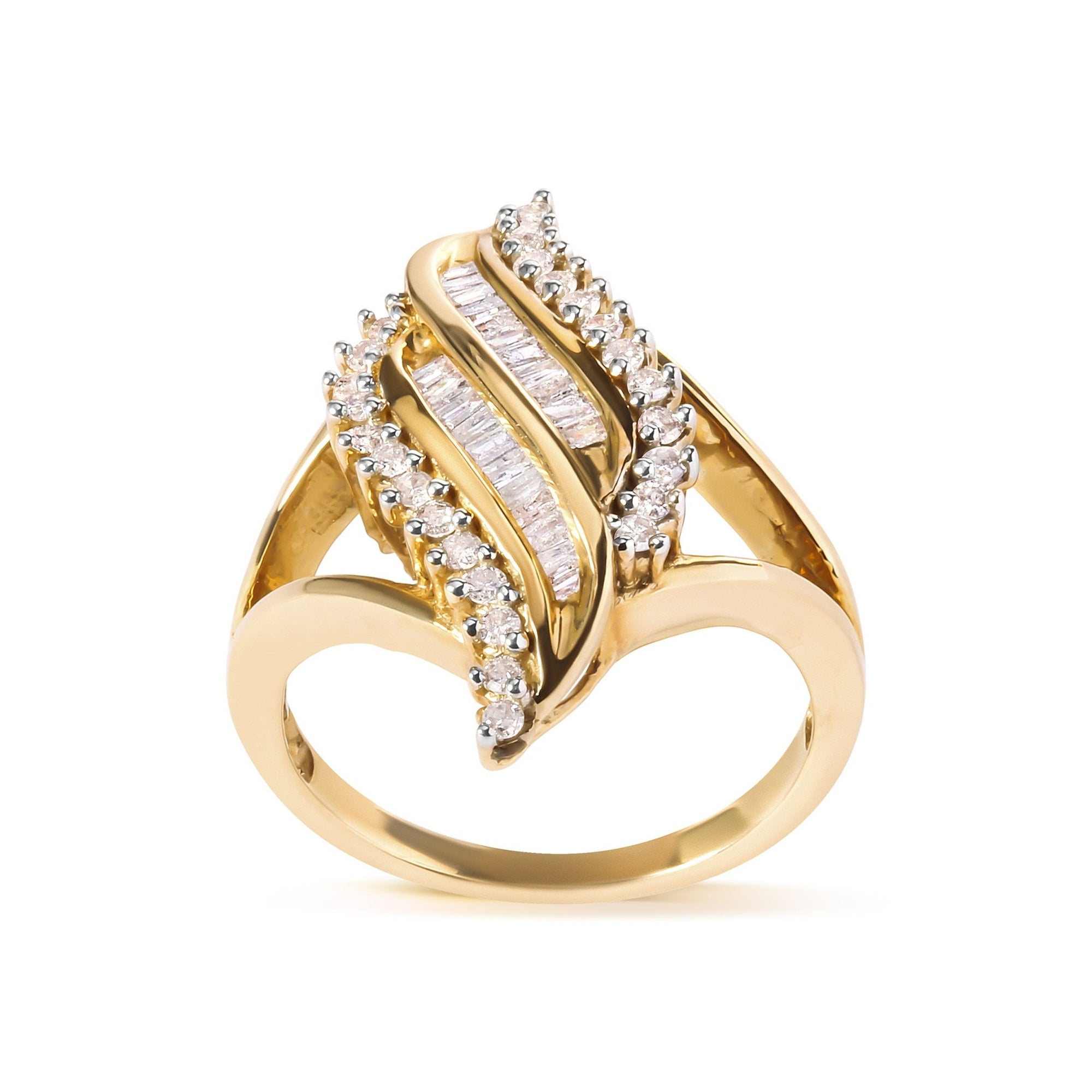 10K Yellow Gold 1/2 Cttw Round and Baguette Cut Diamond Cocktail Ring (H-I Color, I1-I2 Clarity) - LinkagejewelrydesignLinkagejewelrydesign