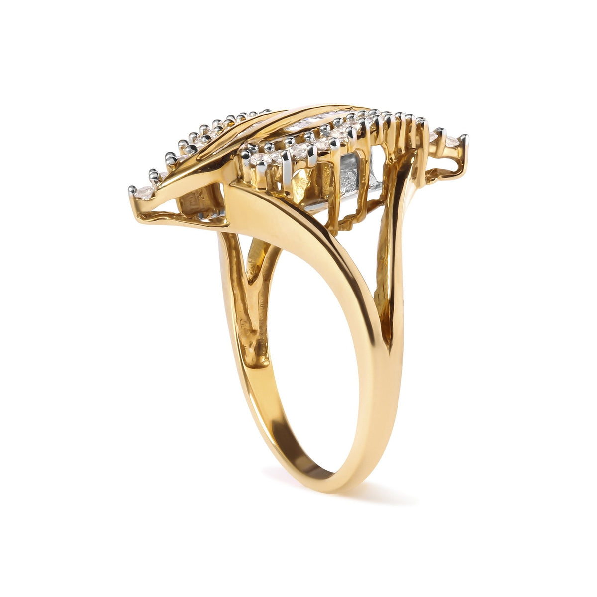 10K Yellow Gold 1/2 Cttw Round and Baguette Cut Diamond Cocktail Ring (H-I Color, I1-I2 Clarity) - LinkagejewelrydesignLinkagejewelrydesign