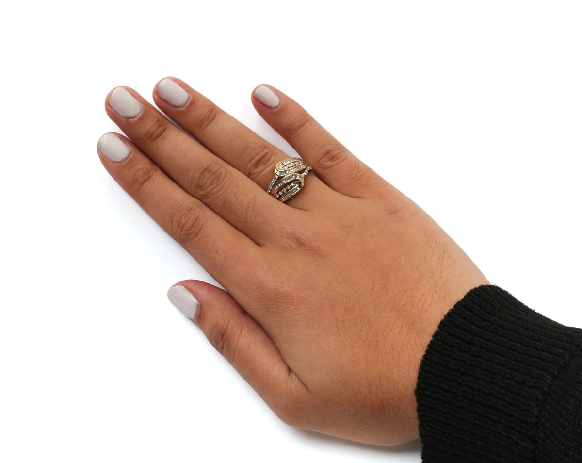 10K Yellow Gold 1/2 Cttw Round and Baguette cut Diamond Open Space Bypass Ring (H-I Color, SI2-I1 Clarity) - Ring Size 7 - LinkagejewelrydesignLinkagejewelrydesign