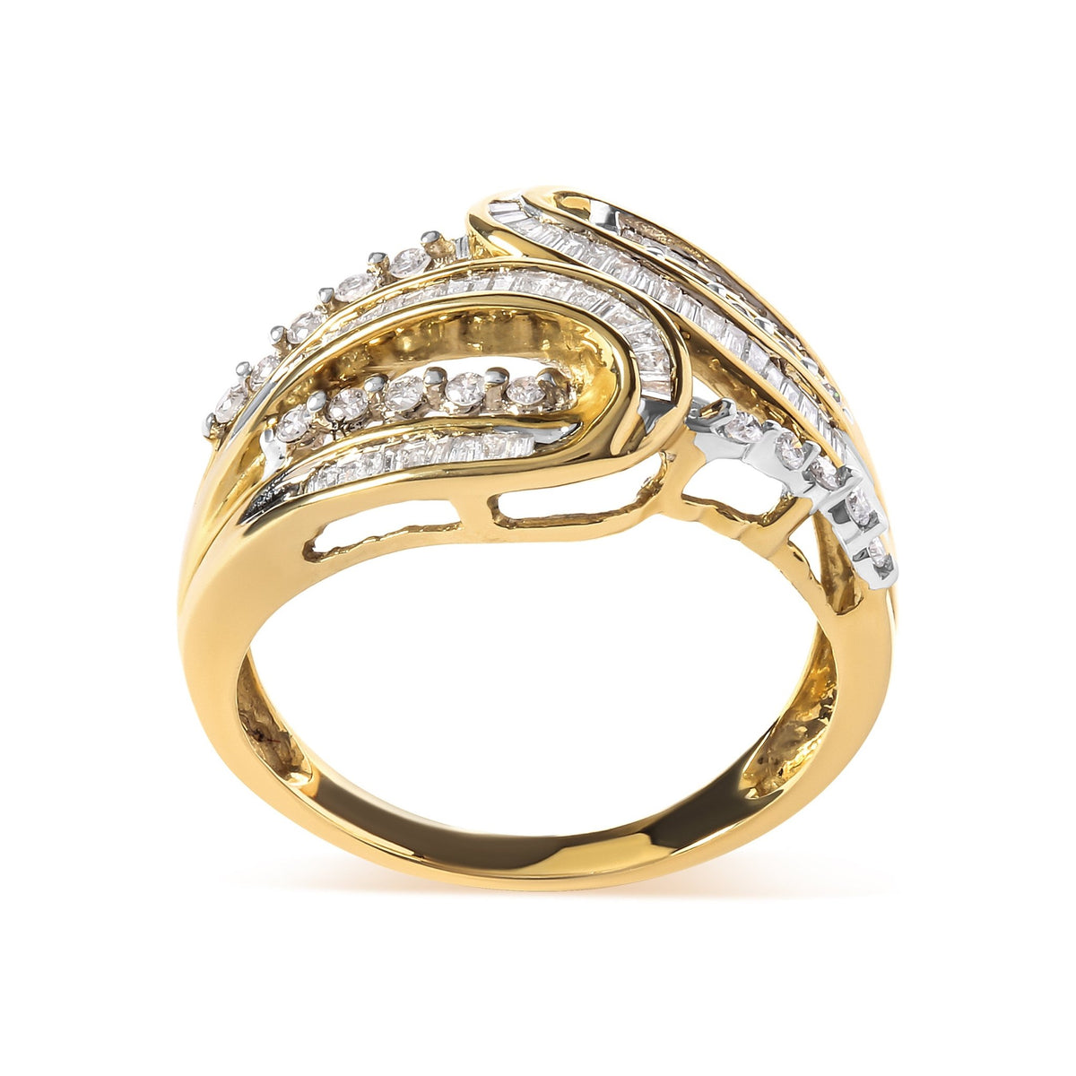 10K Yellow Gold 1/2 Cttw Round and Baguette cut Diamond Open Space Bypass Ring (H-I Color, SI2-I1 Clarity) - Ring Size 7 - LinkagejewelrydesignLinkagejewelrydesign