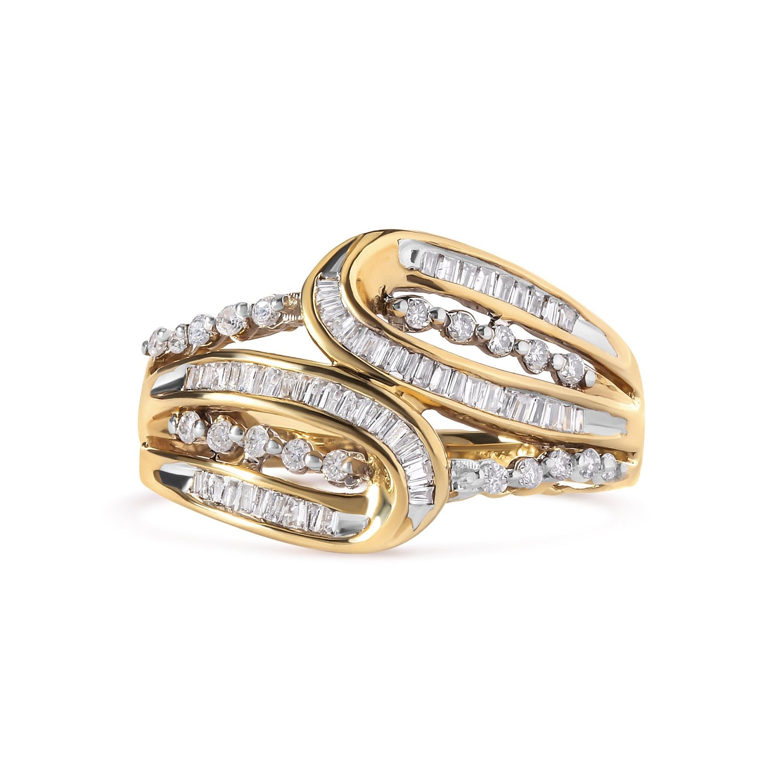 10K Yellow Gold 1/2 Cttw Round and Baguette cut Diamond Open Space Bypass Ring (H-I Color, SI2-I1 Clarity) - Ring Size 7 - LinkagejewelrydesignLinkagejewelrydesign