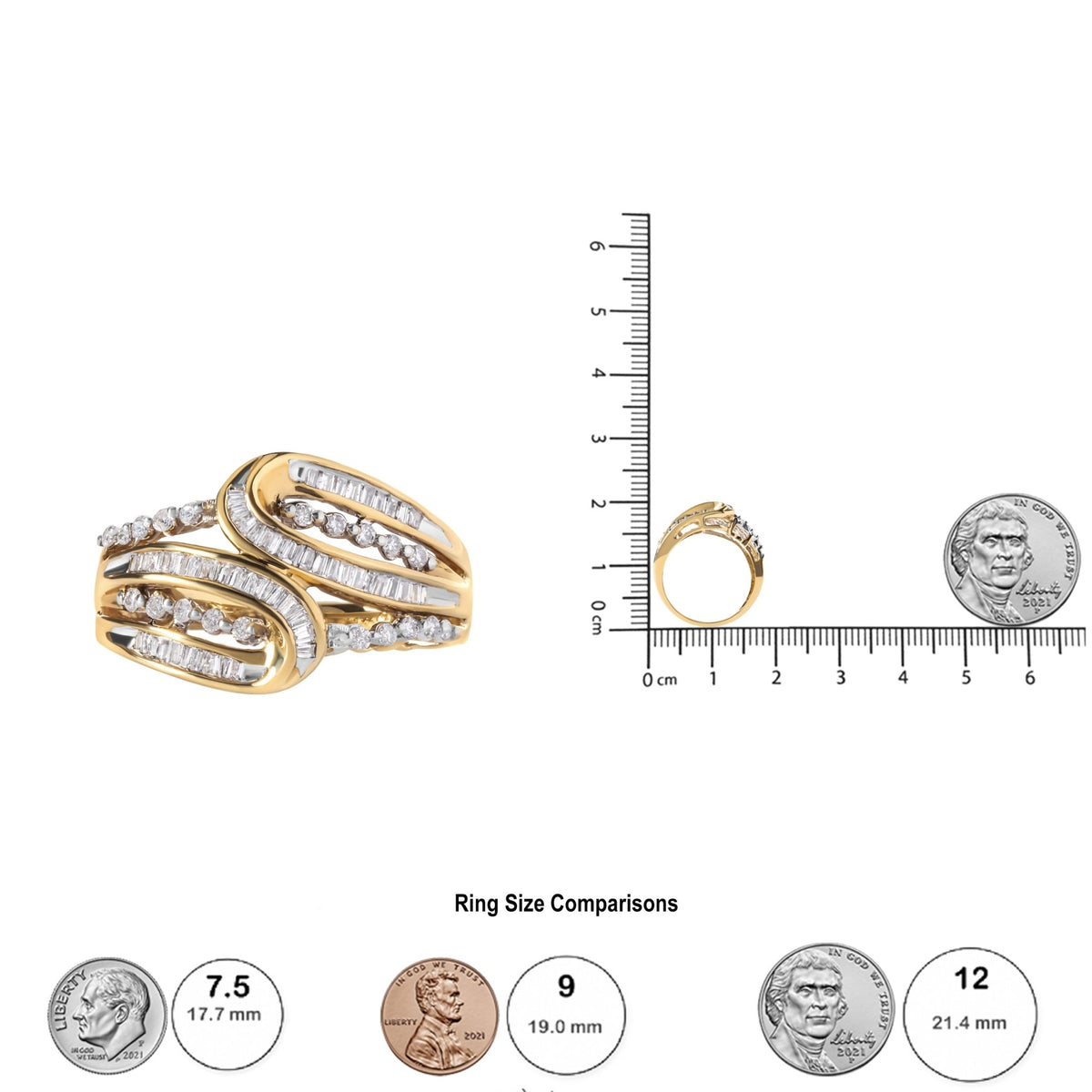 10K Yellow Gold 1/2 Cttw Round and Baguette cut Diamond Open Space Bypass Ring (H-I Color, SI2-I1 Clarity) - Ring Size 7 - LinkagejewelrydesignLinkagejewelrydesign