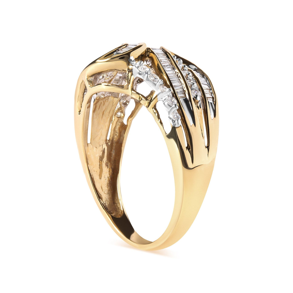 10K Yellow Gold 1/2 Cttw Round and Baguette cut Diamond Open Space Bypass Ring (H-I Color, SI2-I1 Clarity) - Ring Size 7 - LinkagejewelrydesignLinkagejewelrydesign