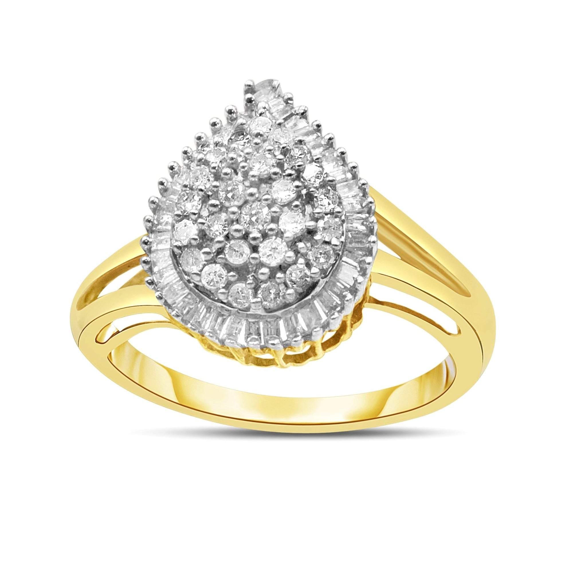 10K Yellow Gold 1/2 Cttw Round and Baguette-Cut Diamond Pear Ring (I-J Color, I1-I2 Clarity) - Size 7 - LinkagejewelrydesignLinkagejewelrydesign